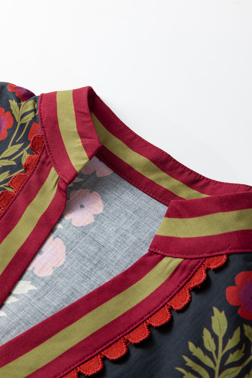 Black Floral Short Bubble Sleeve Contrast Slit Neckline Blouse