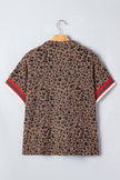 Brown Leopard Jacquard Striped Patchwork Half Zip Short Sleeve Blouse