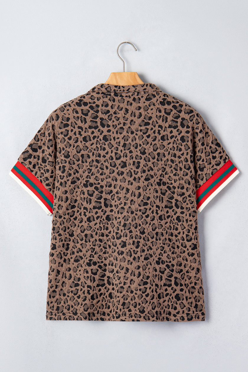 Brown Leopard Jacquard Striped Patchwork Half Zip Short Sleeve Blouse