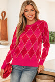Rose Red Glitter Rhombus Pattern Knit Womens Casual Sweater