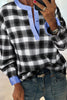 Black Contrast Striped Edge Half Placket Plaid Blouse