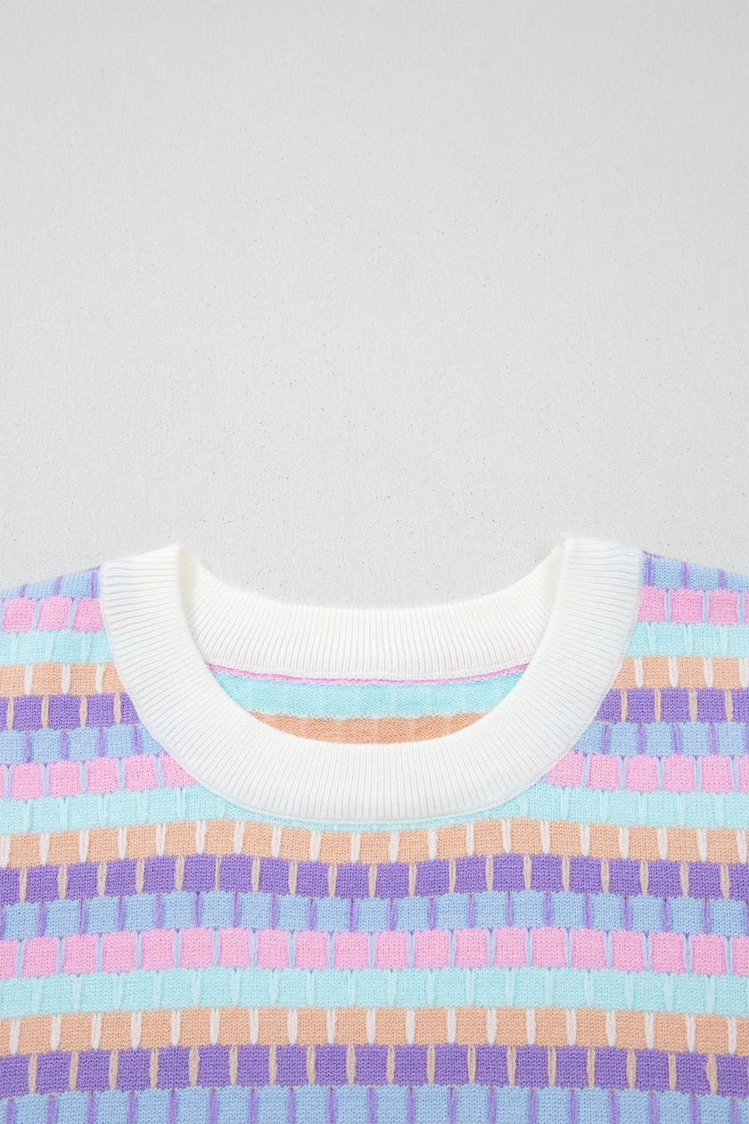 Purple Abstract Striped Knit Short Sleeve Sweater