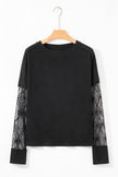 Black Solid Color Bow Textured Patchwork Long Sleeve Tee