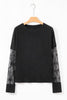 Black Solid Color Bow Textured Patchwork Long Sleeve Tee