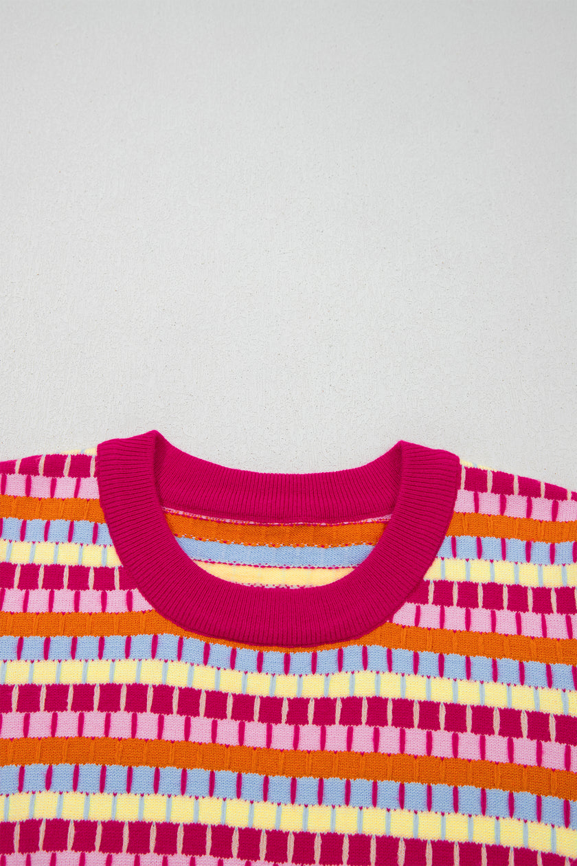 Purple Abstract Striped Knit Short Sleeve Sweater