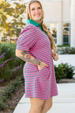 Rose Stripe Collared V Neck Puff Sleeve Shift T Shirt Dress with Pockets
