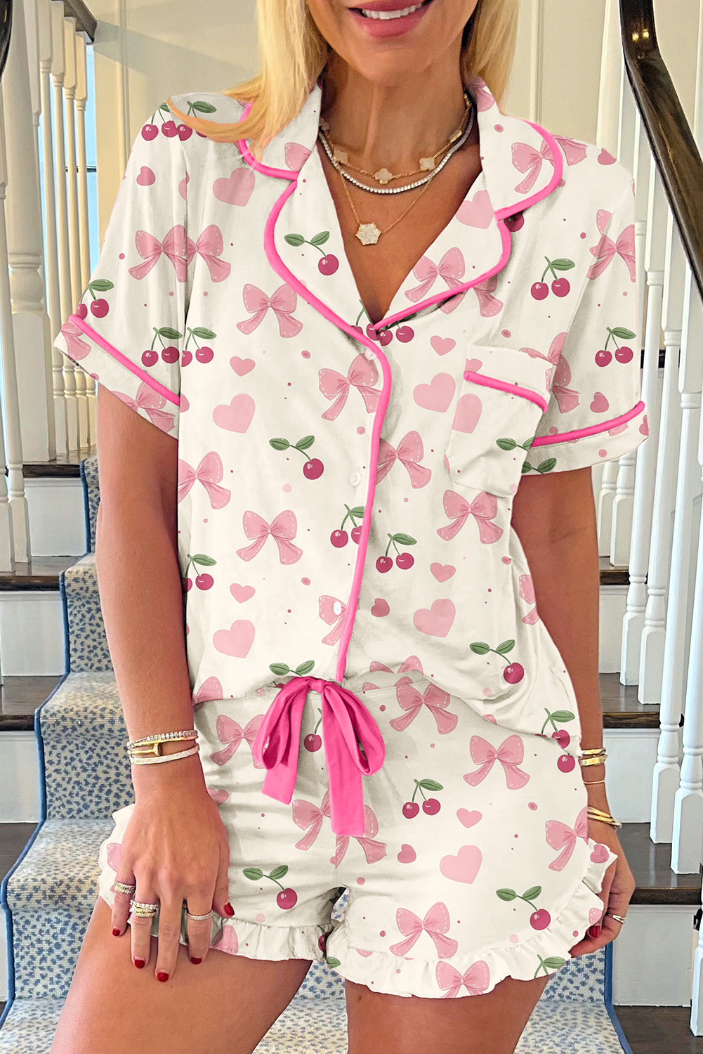 Pink Bow Print Contrast Pipping Short Pajamas Set