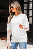 Beige Lace Sleeve Patchwork Faux Two-piece Fuzzy Sweater