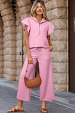Apricot Textured Ruffled Sleeve Zipped Top and Wide Leg Pants Set