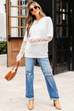 Beige Lace Sleeve Patchwork Faux Two-piece Fuzzy Sweater