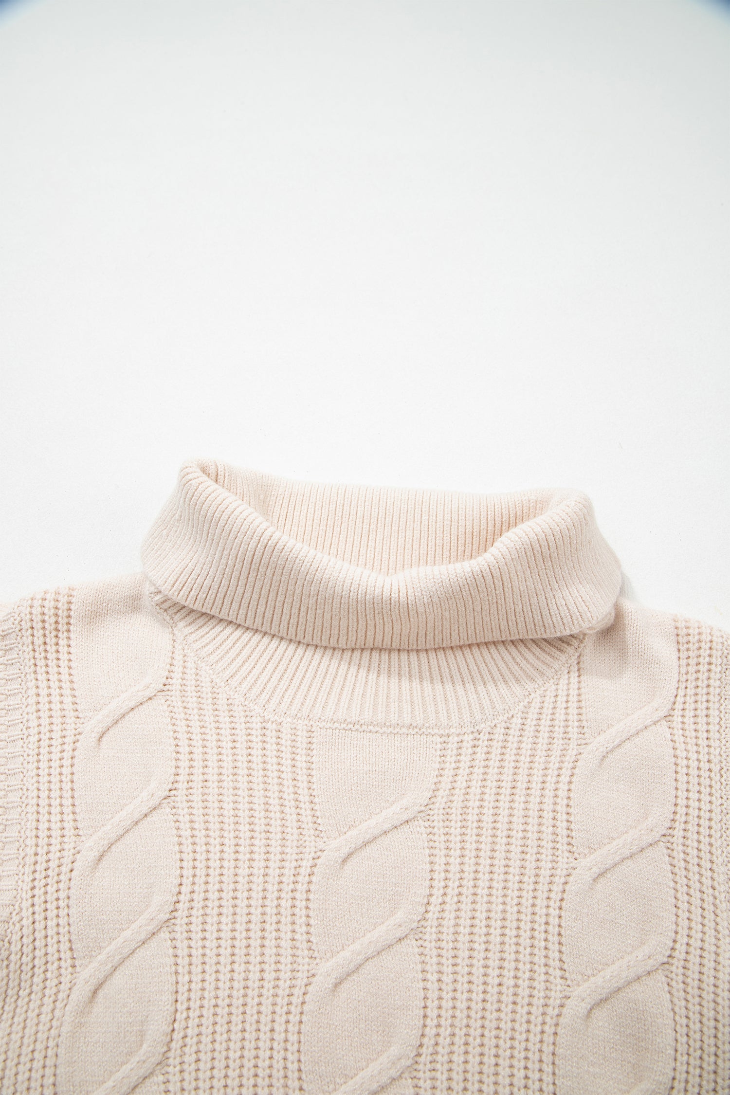 Jet Stream Cable Knit Turtleneck Ruffled Short Sleeve Sweater