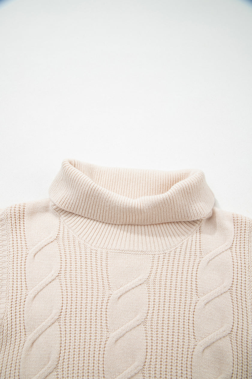 Jet Stream Cable Knit Turtleneck Ruffled Short Sleeve Sweater