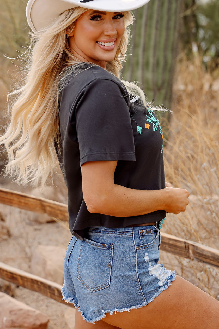 Carbon Grey Vintage Western Bull Head Skull Turquoise Aztec Graphic T Shirt