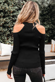 Black Ribbed Knit Cold Shoulder Choker Neck Sweater