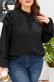 Black Ruffle Balloon Sleeve Chiffon Elegant Plus Size Shirt