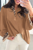 Black Contrast Leopard Print Patchwork Polo Collar Buttons Front Ruffled Long Sleeve Blouse