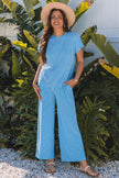 Bright Green Solid Corded Knit Short Sleeve T Shirt and Wide Leg Pants Set