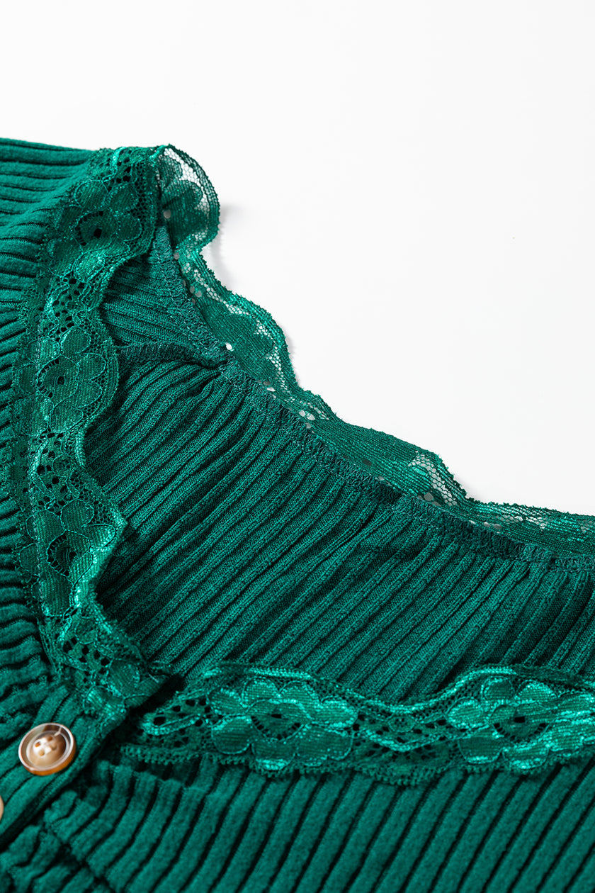 Black Lace Neckline Button Decor Lettuce Edge Long Sleeve Ribbed Top