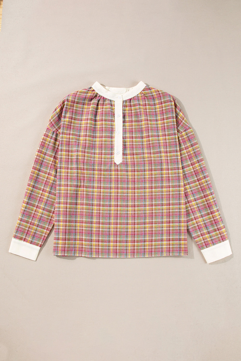 Ροζ μπλούζα Henley με καρό μοτίβο και σχέδιο patchwork
