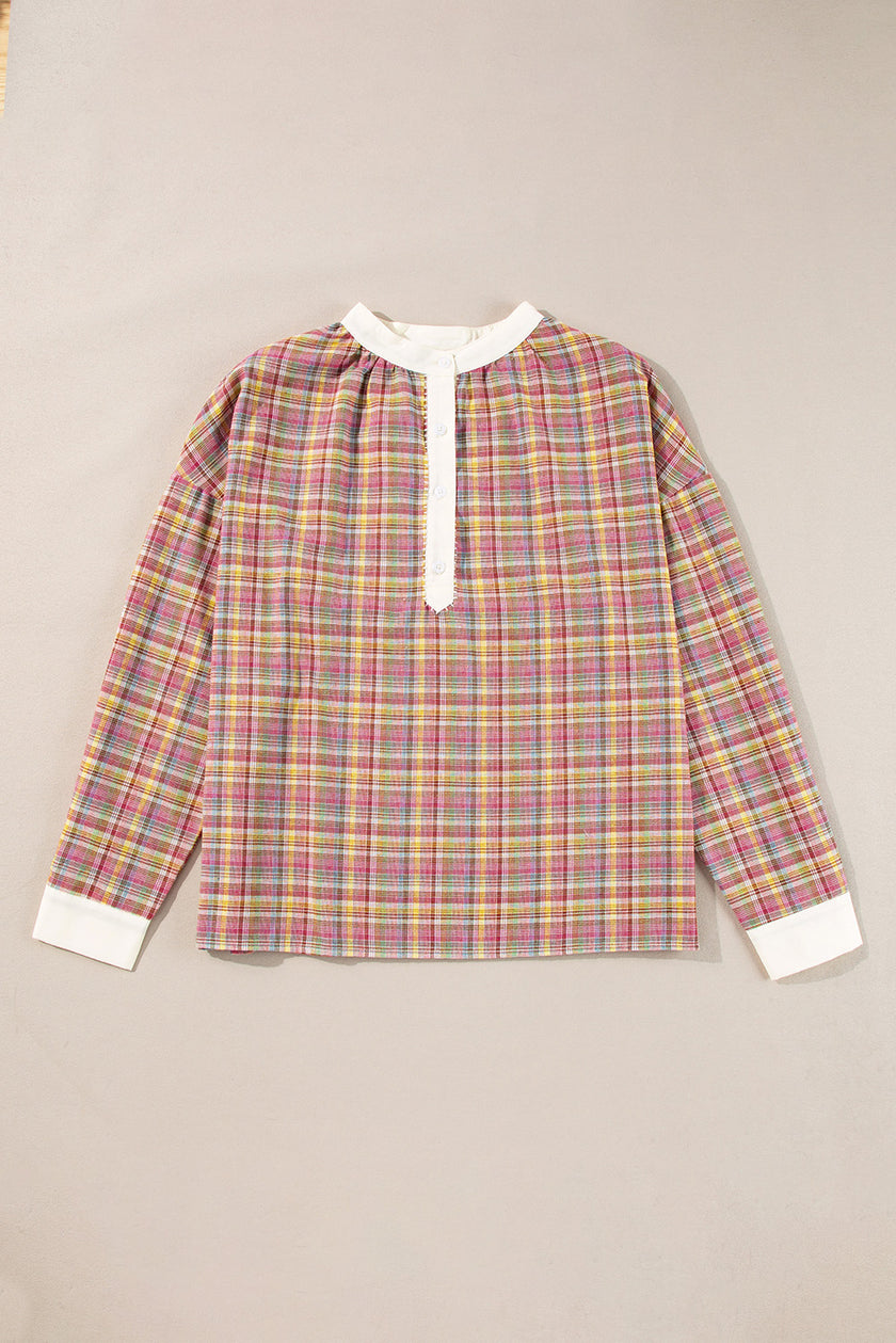 Ροζ μπλούζα Henley με καρό μοτίβο και σχέδιο patchwork