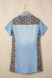 Myosotis Denim Color Block Leopard Patchwork Shirt Collar T Shirt Mini Dress