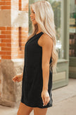 Black Corduroy Sleeveless Mini Dress With Patched Pockets