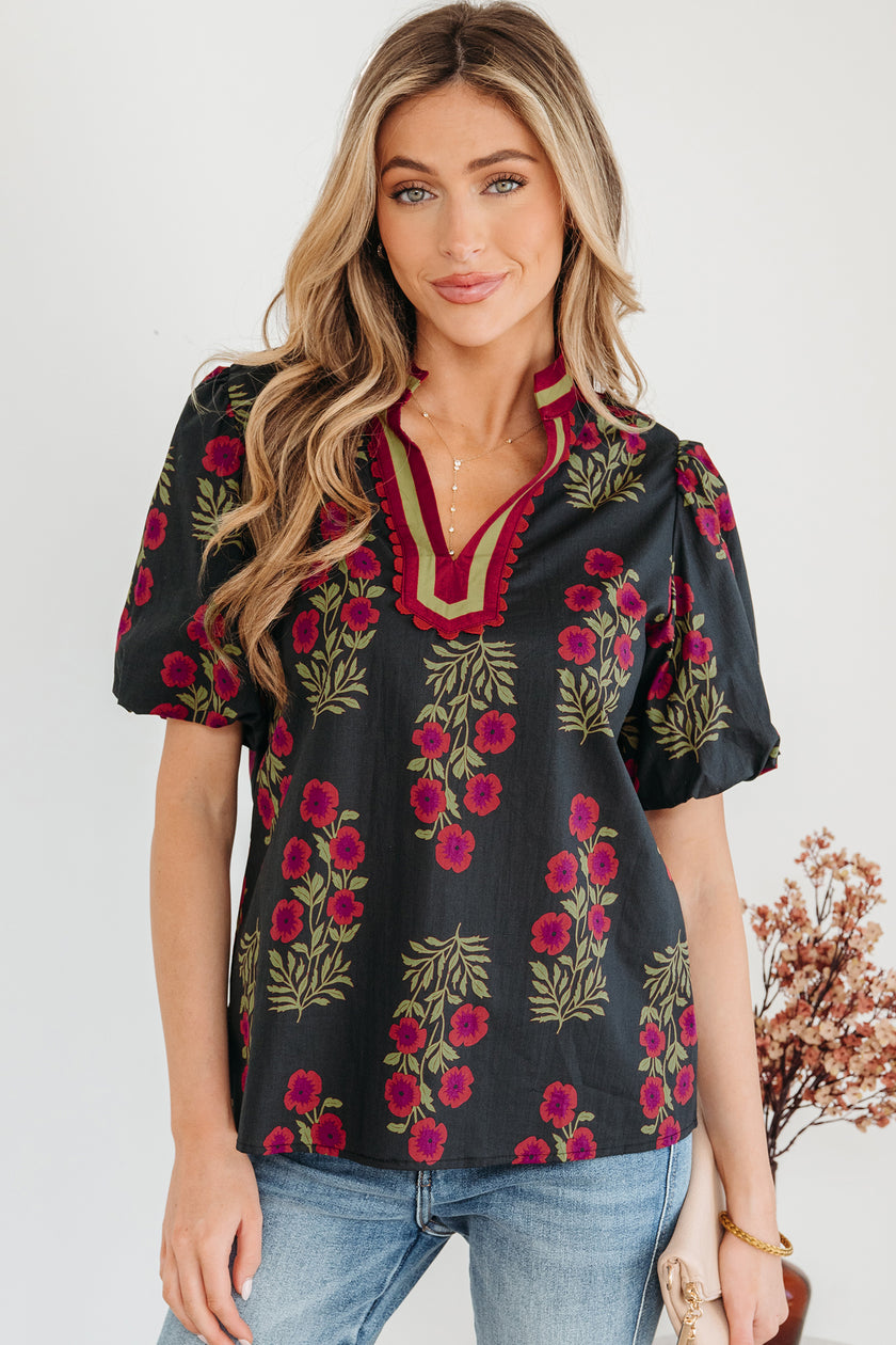 Black Floral Short Bubble Sleeve Contrast Slit Neckline Blouse