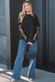 Black Solid Color Bow Textured Patchwork Long Sleeve Tee