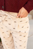 Apricot Bow Print Drawstring Elastic Waist Loose Corduroy Pants