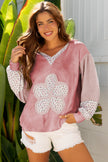 Green Floral Patched Waffle Textured Colorblock V Neck Casual Hooded Top