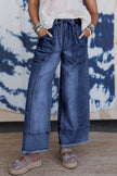 Beau Blue Drawstring Seam Detail Raw Hem Wide Leg Denim Pants