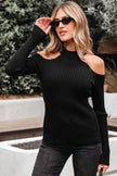 Black Ribbed Knit Cold Shoulder Choker Neck Sweater