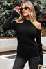 Black Ribbed Knit Cold Shoulder Choker Neck Sweater