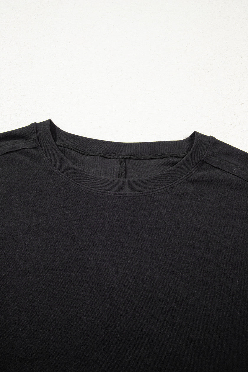 Black Solid Color Bow Textured Patchwork Long Sleeve Tee