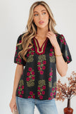 Black Floral Short Bubble Sleeve Contrast Slit Neckline Blouse
