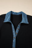 Black Waffle Knit Denim Contrast Trim Patchwork Button Polo Tee Dress