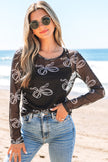 Black Round Neck Bow Print Long Sleeve Mesh Top