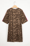 Brown Loose Contrast Striped Accent Leopard T Shirt Mini Dress with Pockets