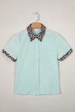 Sky Blue Stripe Leopard Contrast Collar Short Sleeve Shirt