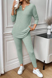 Racing Red Ribbed Notched Neck Knit Long Sleeve Leggings Two Pieces Lounge Set