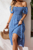 Beige Ditsy Floral Print Smocked Square Neck Ruffle Short Sleeve Dress