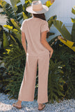 Bright Green Solid Corded Knit Short Sleeve T Shirt and Wide Leg Pants Set