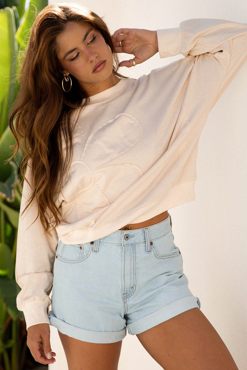 Beige Raw Edge Flower Patch Drop Shoulder Casual Top