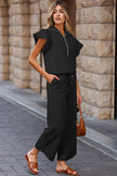 Apricot Textured Ruffled Sleeve Zipped Top and Wide Leg Pants Set