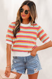 Purple Abstract Striped Knit Short Sleeve Sweater