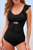 Black Solid Color Ruffle Detail Crossed Cutout Slim Tankini 2pcs Swimsuit