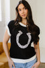 Black Horse Shoe Pattern Contrast Trim Short Sleeve Sweater
