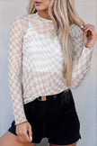 Black Checkered Pattern Mesh Mock Neck Long Sleeve Top