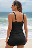 Burgundy Ribbed Knit Crossed Detail Tank Skort 2pcs Swimsuit