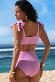 Rose Stripe Print Knot Straps 2pcs High Waist Bikini Swimsuit